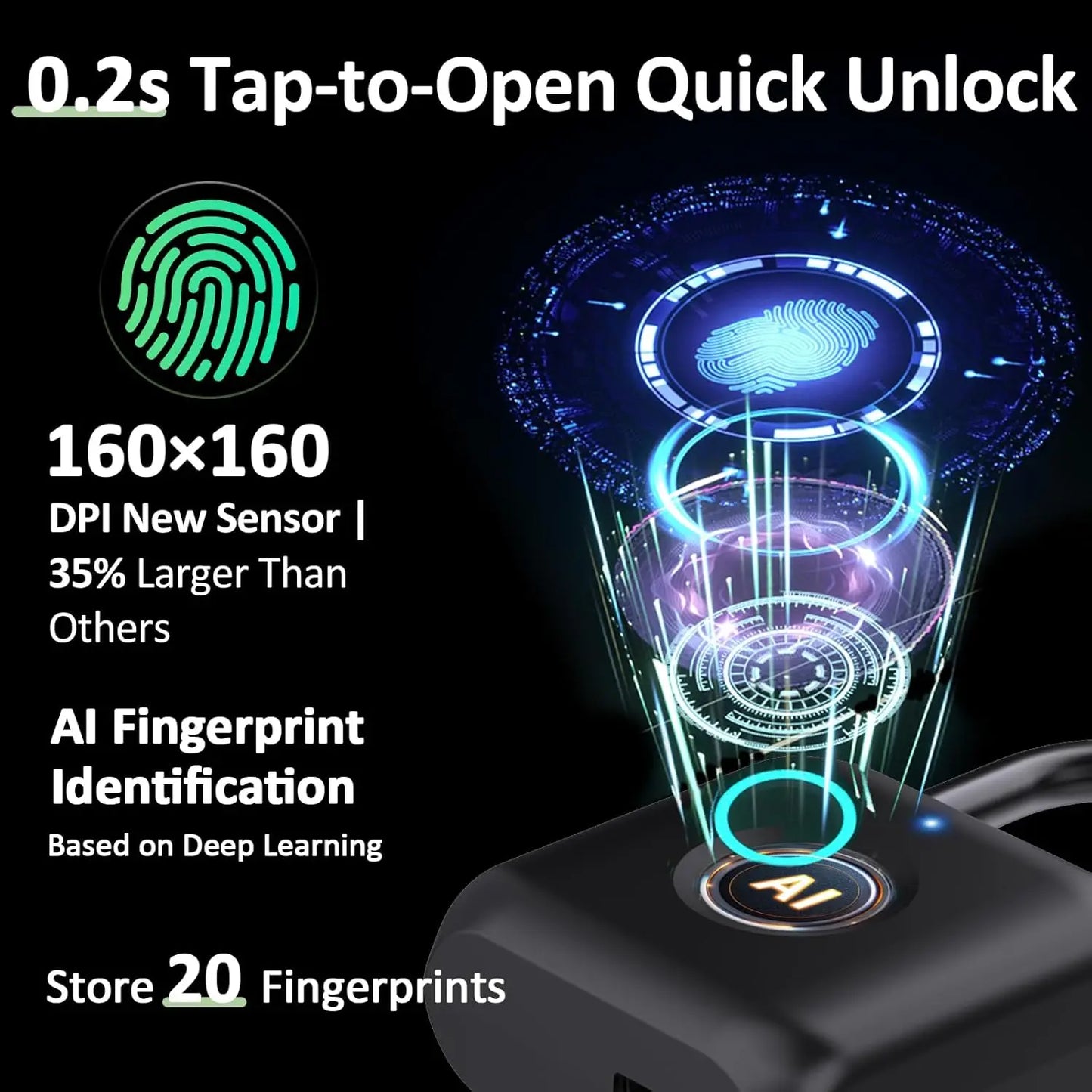 Smart Fingerprint Padlock — App Control, USB Rechargeable, Black
