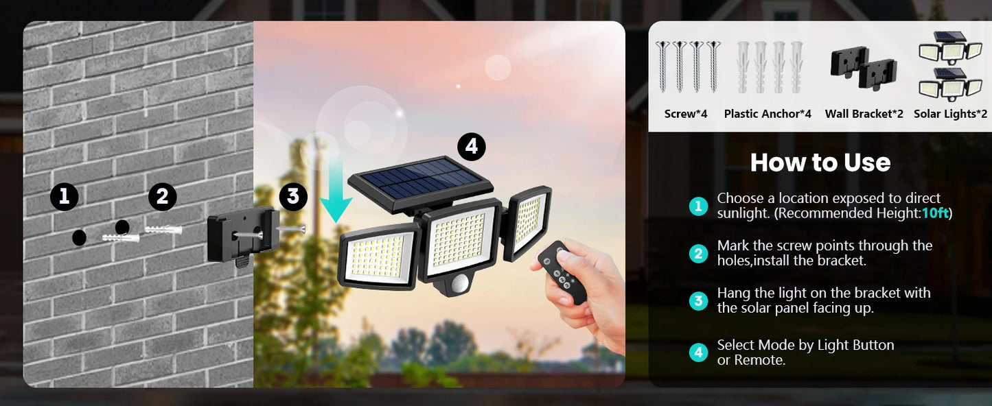 Solar Motion Sensor Security Light. 3- Head, 200+ LEDs, Waterproof