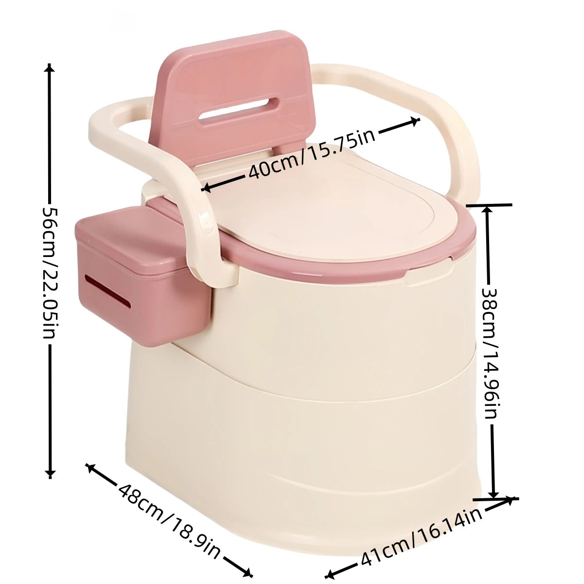 Portable Toilet with Back Support Camping and Travel Use dimensions and design features, ideal for camping and travel.