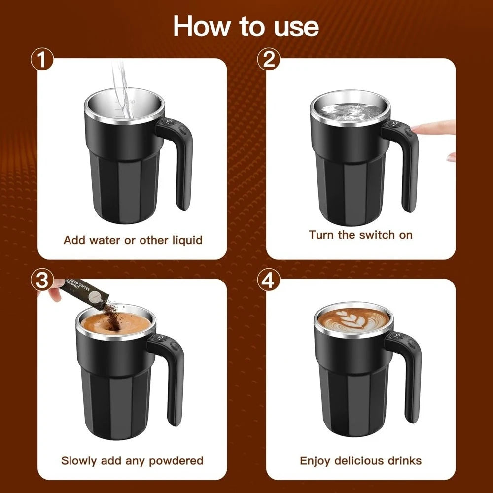 12oz USB Self-Stirring Magnetic Coffee Mug — Stainless Steel, Black
