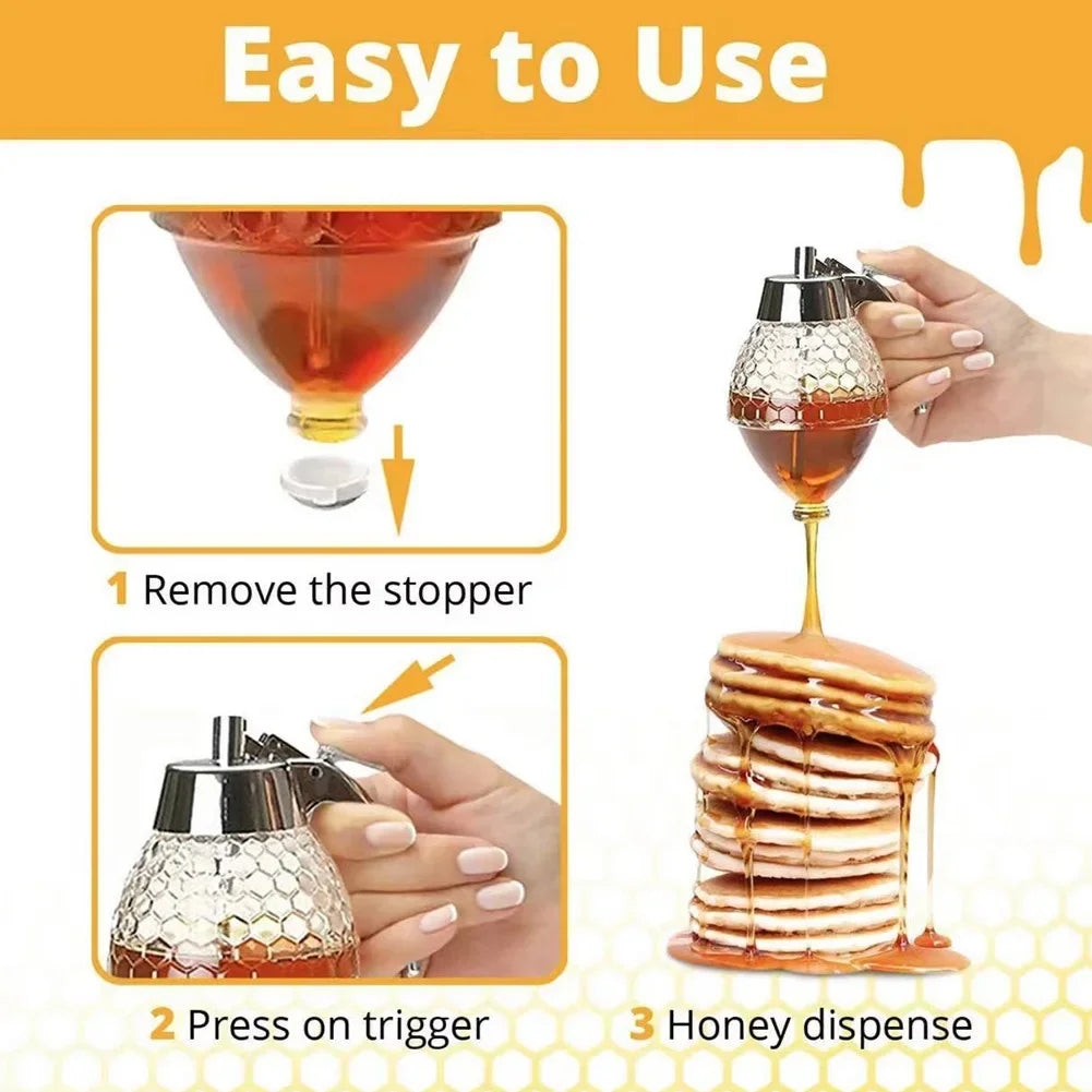 No-Drip Honey & Syrup Dispenser with Stand — Glass Jar Pourer