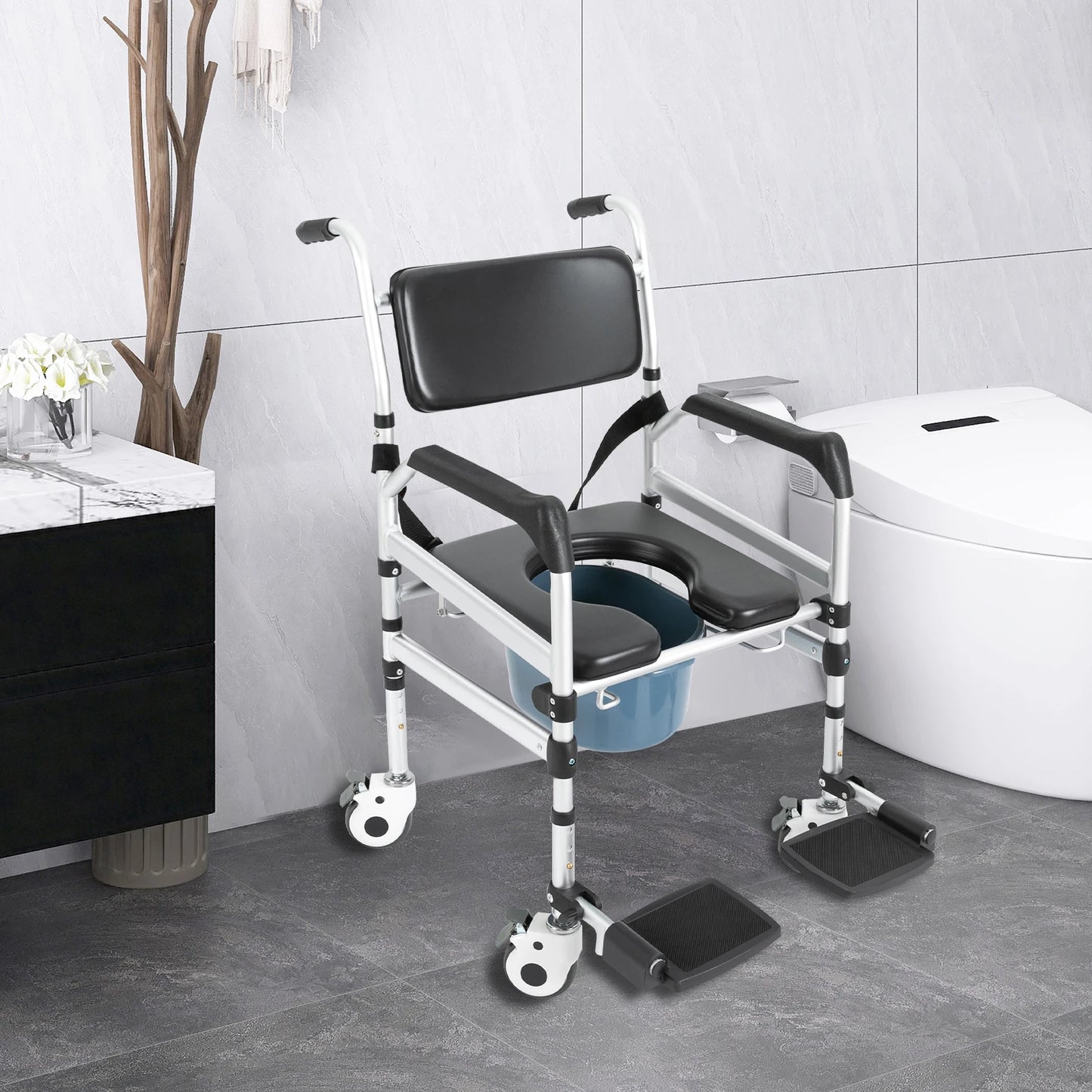 Folding Shower Chair with Wheels — Adjustable Height for Seniors
