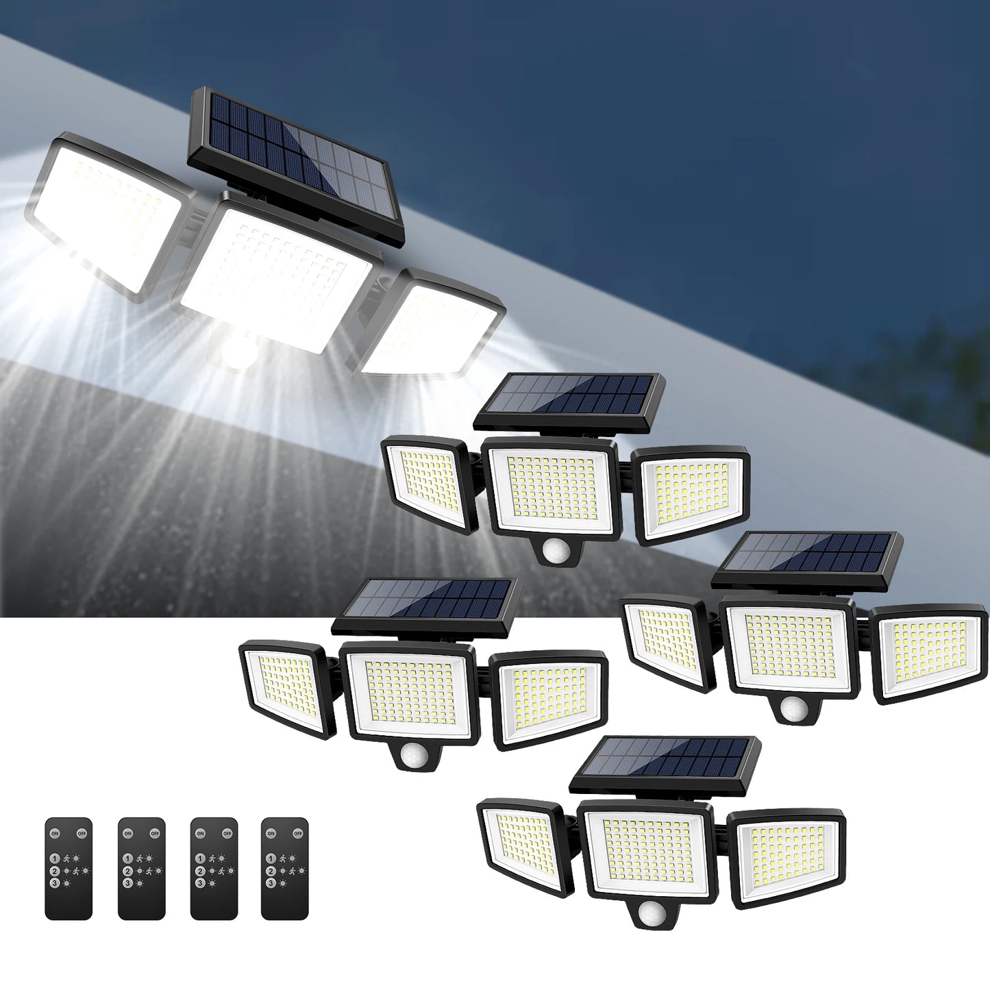 Solar Motion Sensor Security Light. 3- Head, 200+ LEDs, Waterproof
