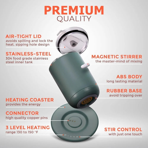 10oz Self-Stirring Heated Coffee Mug — 3 Temp Levels, 12V Electric