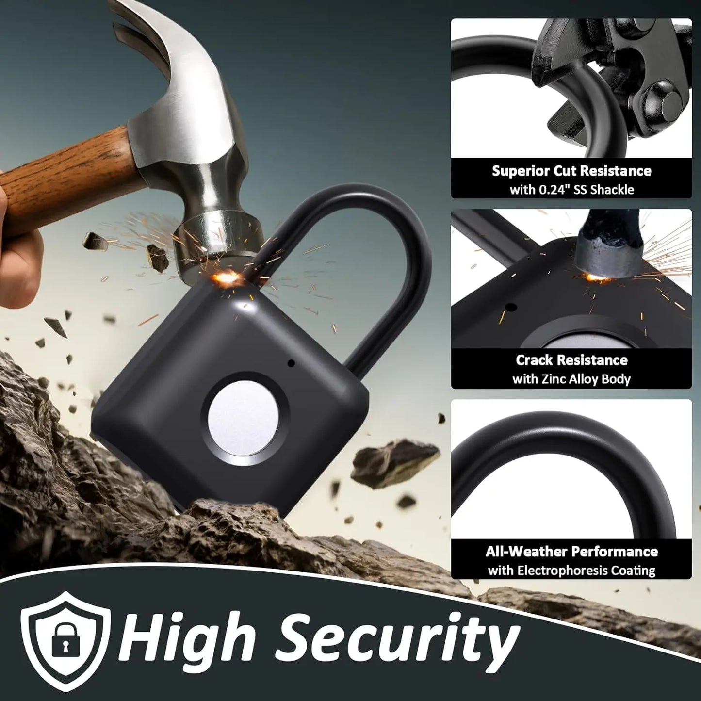 Smart Fingerprint Padlock — App Control, USB Rechargeable, Black