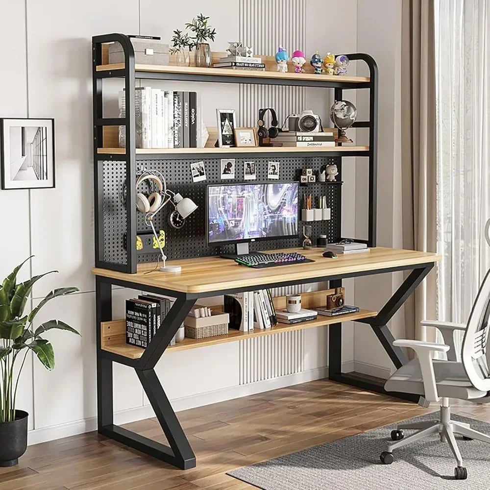 47" Industrial Computer Desk with Pegboard and Shelves