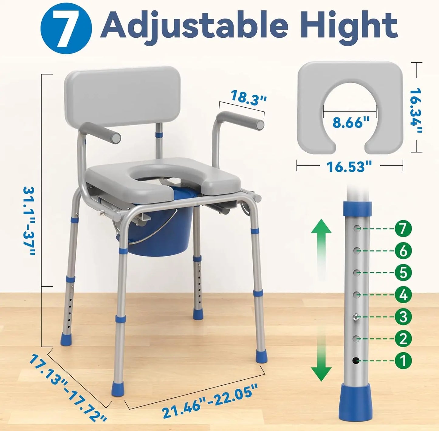 Drop-Arm Bedside Commode — Padded Seat, Adjustable, 500 lb Capacity