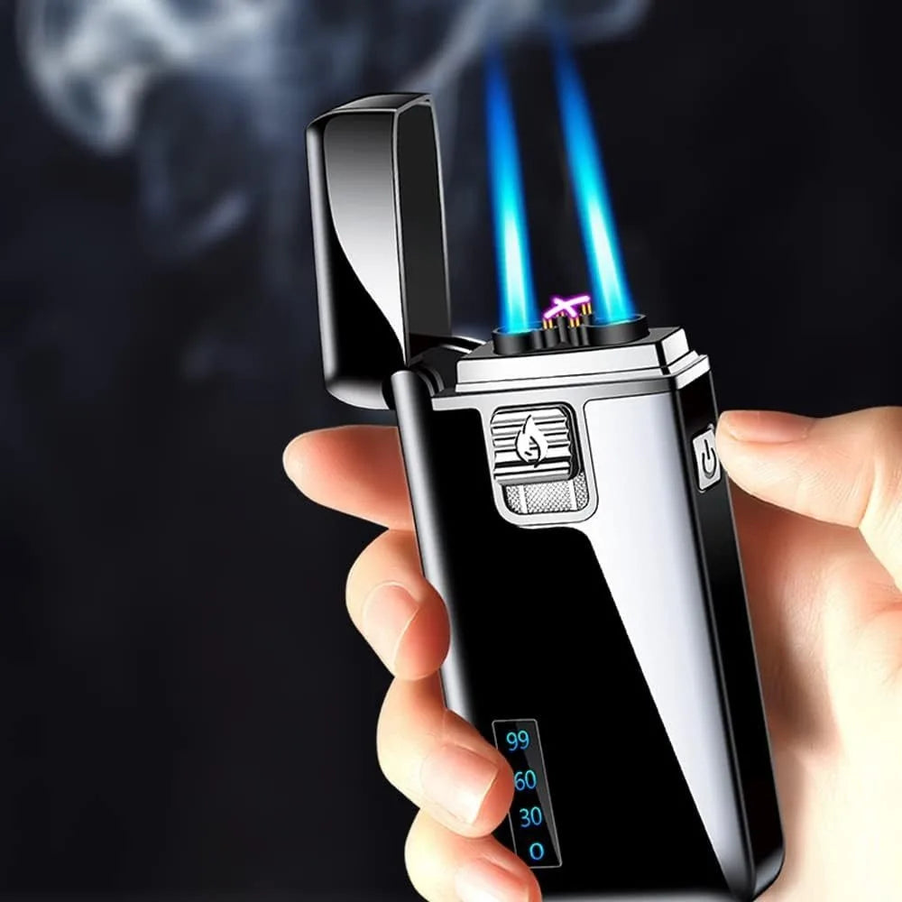 Double Jet Flame Torch Lighter Dual Arc Electronic Lighter USB Rechargeable Butane Gas Windproof 2 In 1 Men Gas Electric Lighter