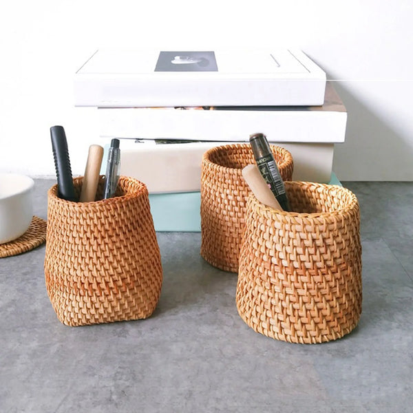 Handmade Pen Holder Hand Woven Wood Vine Rattan Stationery Container Storage Box Organizer Office School Desk Accessories Decor