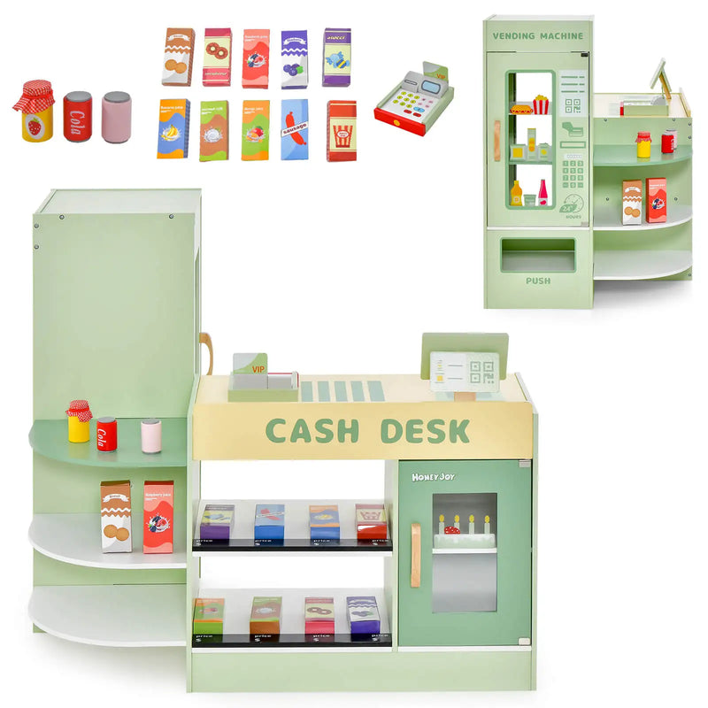 Wooden Supermarket Play Toy Set Kids Grocery Store Playset with Checkout Counter