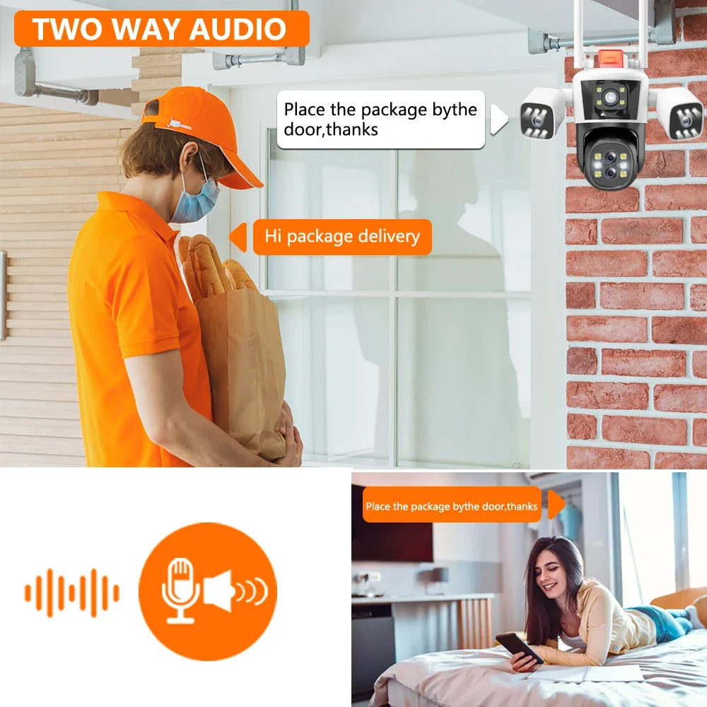 16mp 8K WIFI 10x Zoom Surveillance Outdoor Audio Floodlight Camera PTZ Four-Lens Three Screens Security 360°Monitor CCtv Network