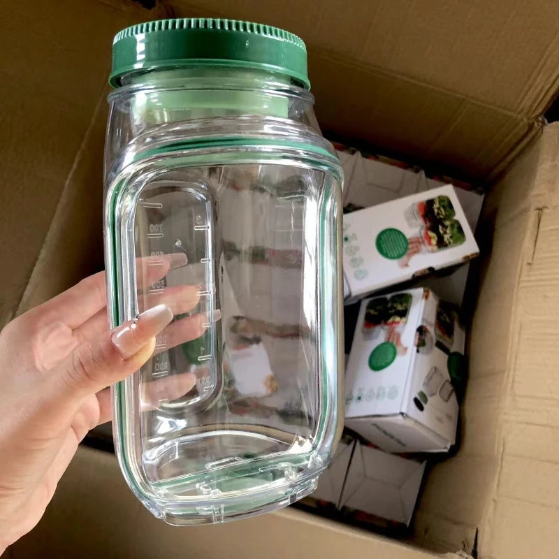 Salad storage jar with side-opening lid, plastic fresh-keeping box, convenient and quick kitchen salad storage bottle