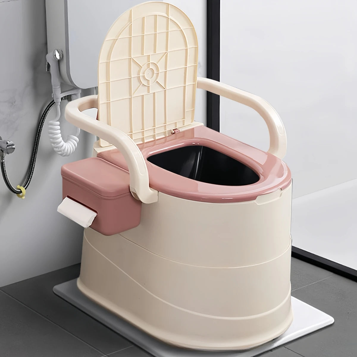 Portable Toilet with Back Support Camping and Travel Use for outdoor convenience and comfort.