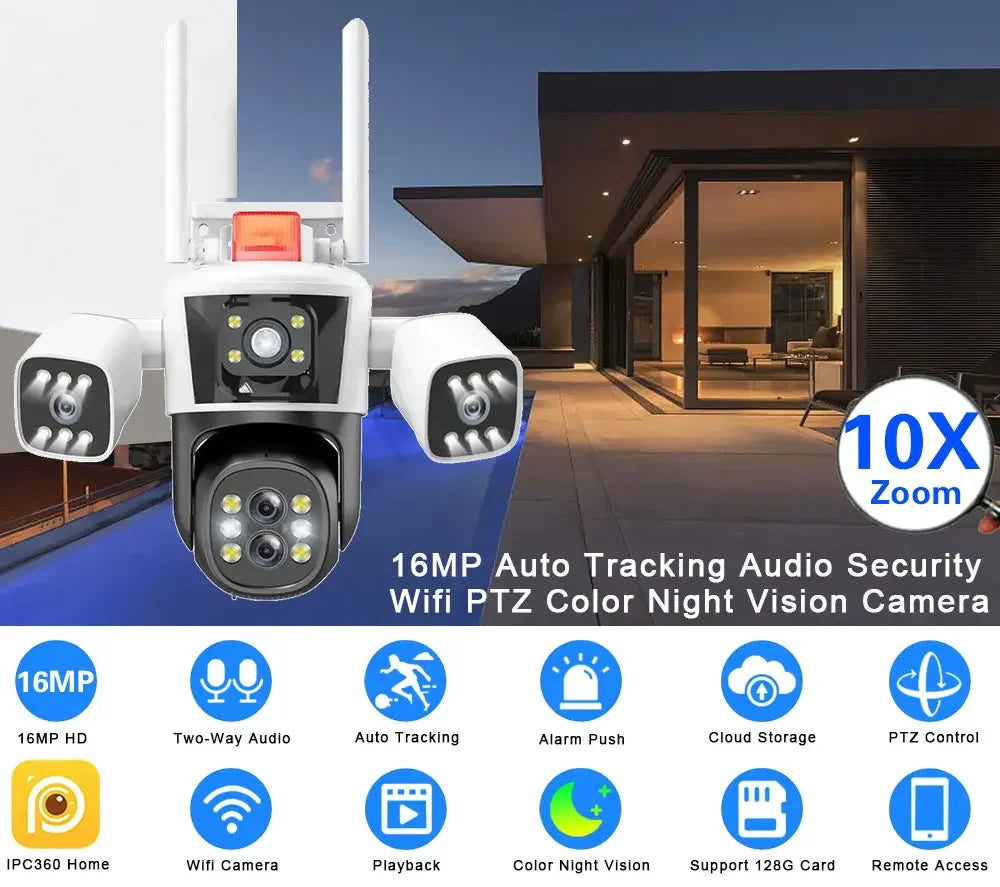 16MP 8K WiFi PTZ Outdoor Floodlight Camera — 10x Zoom, 360° Monitor