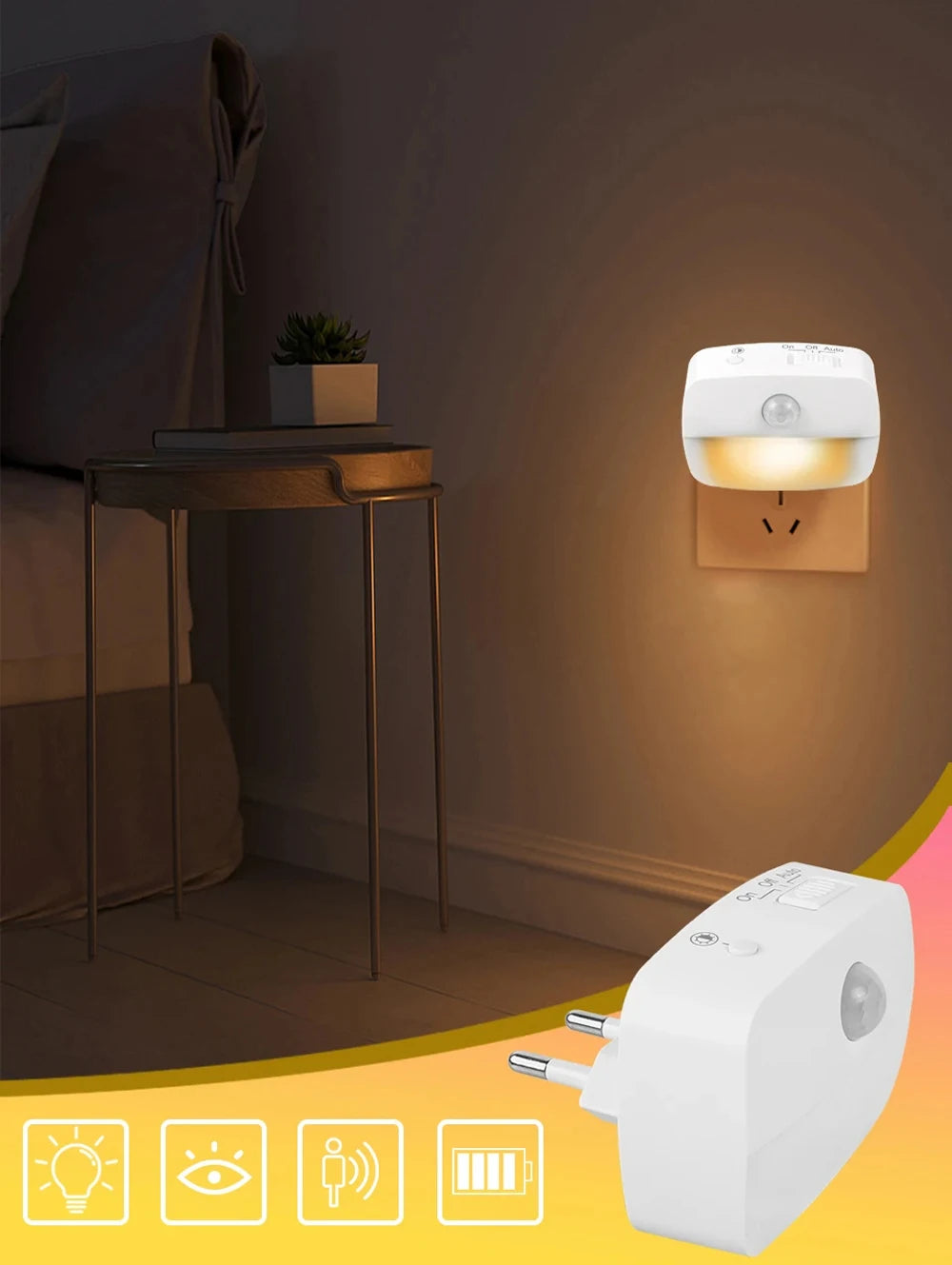 Plug-In Motion Sensor Night Light — Hallway, Stair & Bedroom Lamp