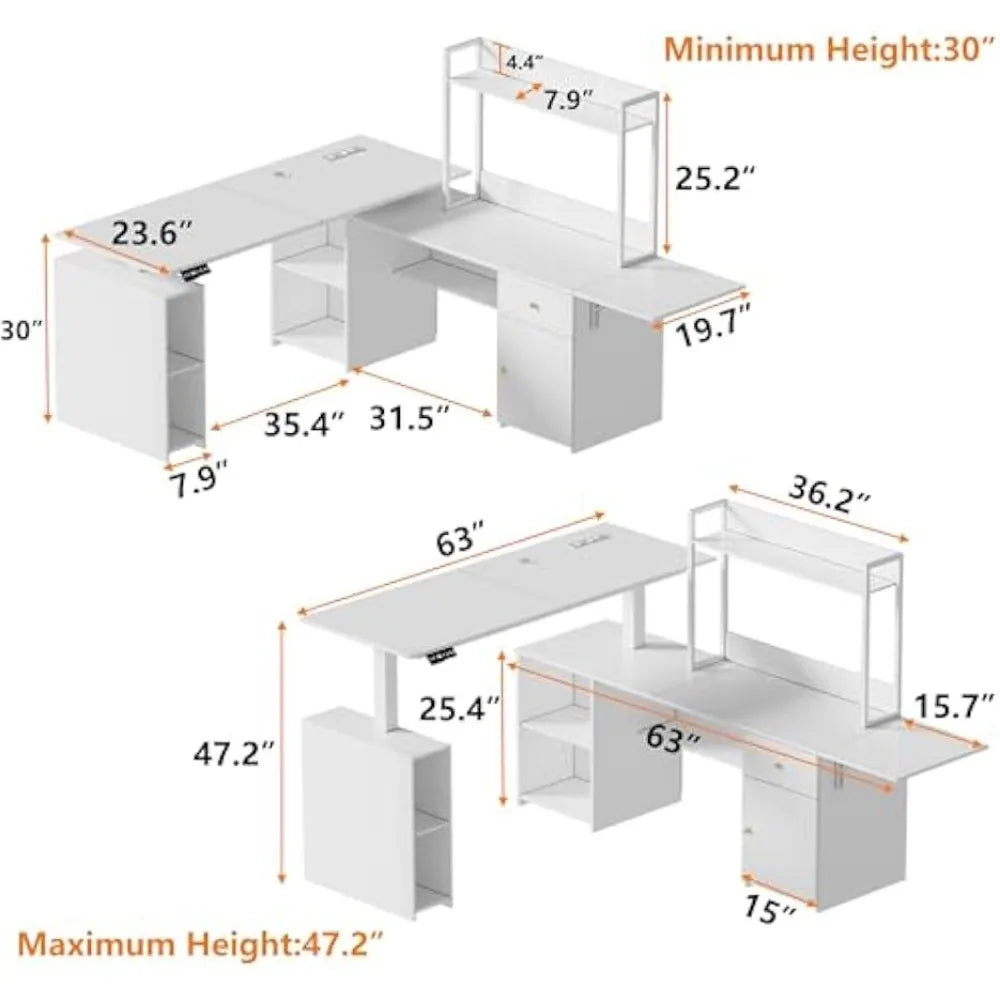 Computer Desk 63'' L, Height Adjustable Stand up Desk, USB Charge Ports, LED Display, Home Office Modern Wood Computer Desk