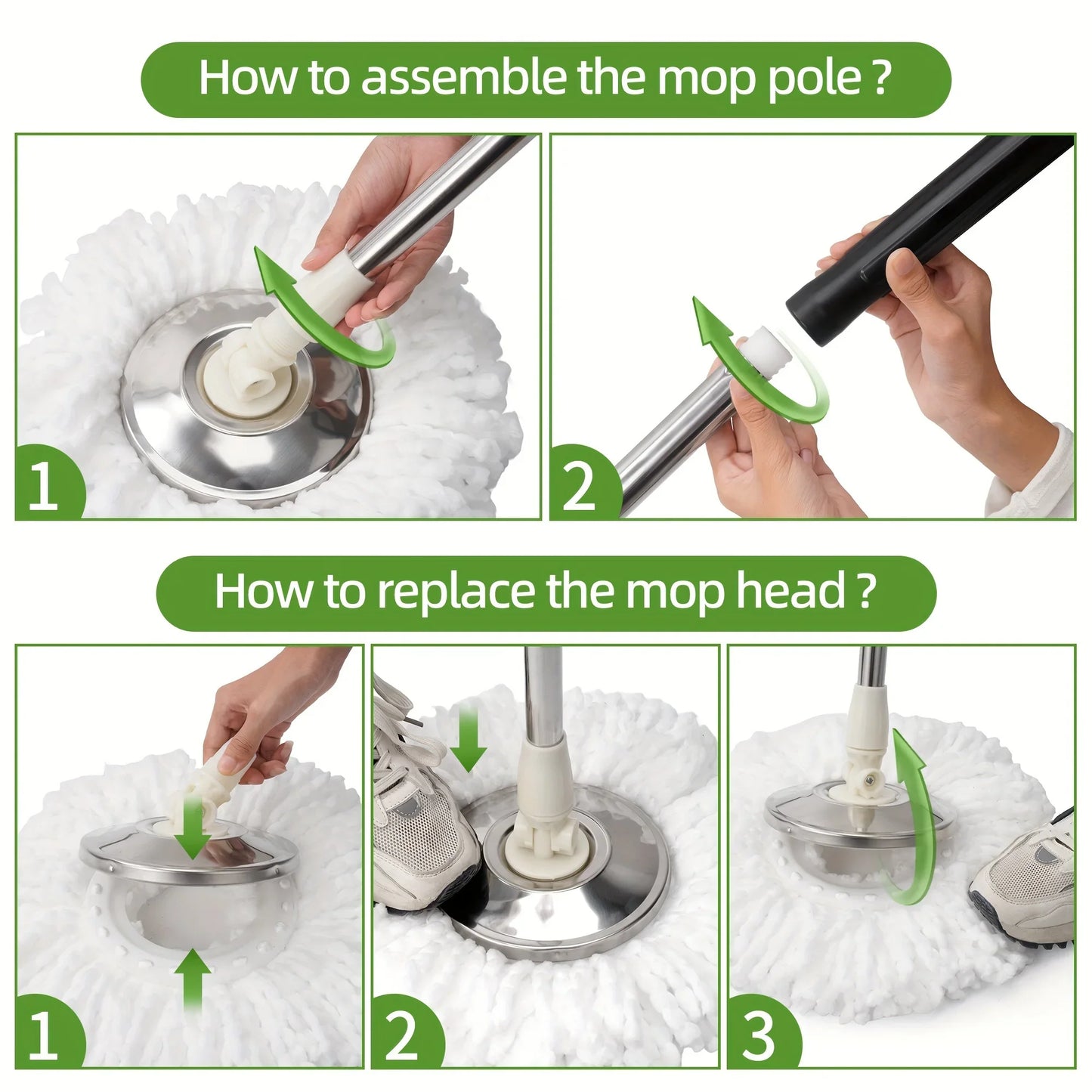 Heavy-Duty 360° Spin Mop & Bucket System — 3 Mop Heads, Steel Handle