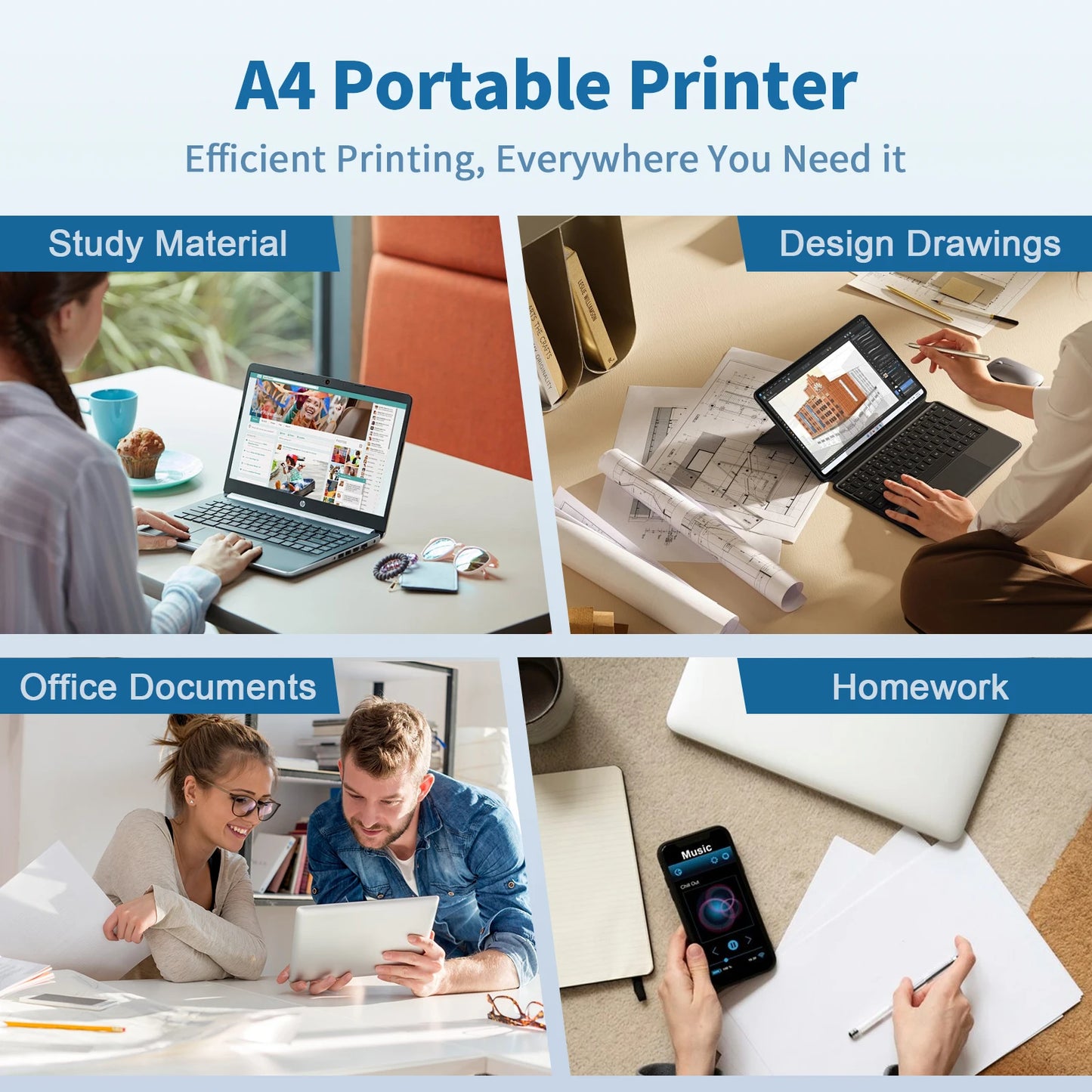 Wireless A4 Thermal Printer — Inkless, Works with iPhone & Android