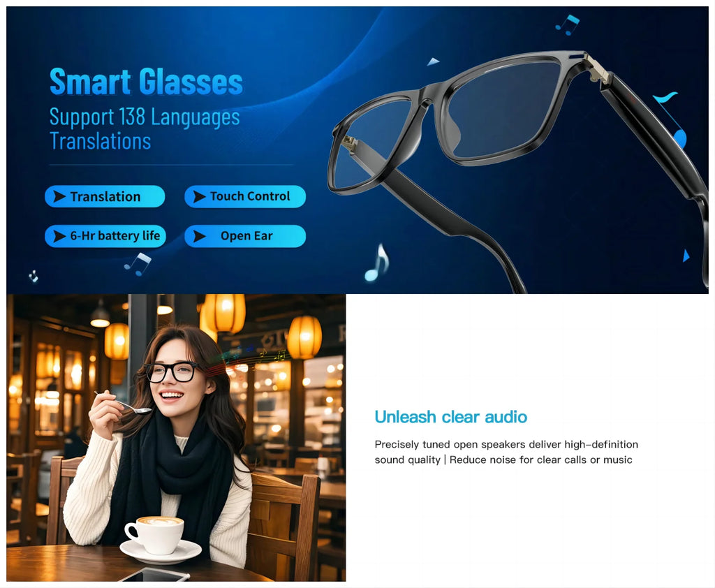 Smart glasses, app translation, color-changing lenses, high-definition voice calls, Hi-Fi music quality, open-ear audio glasses.