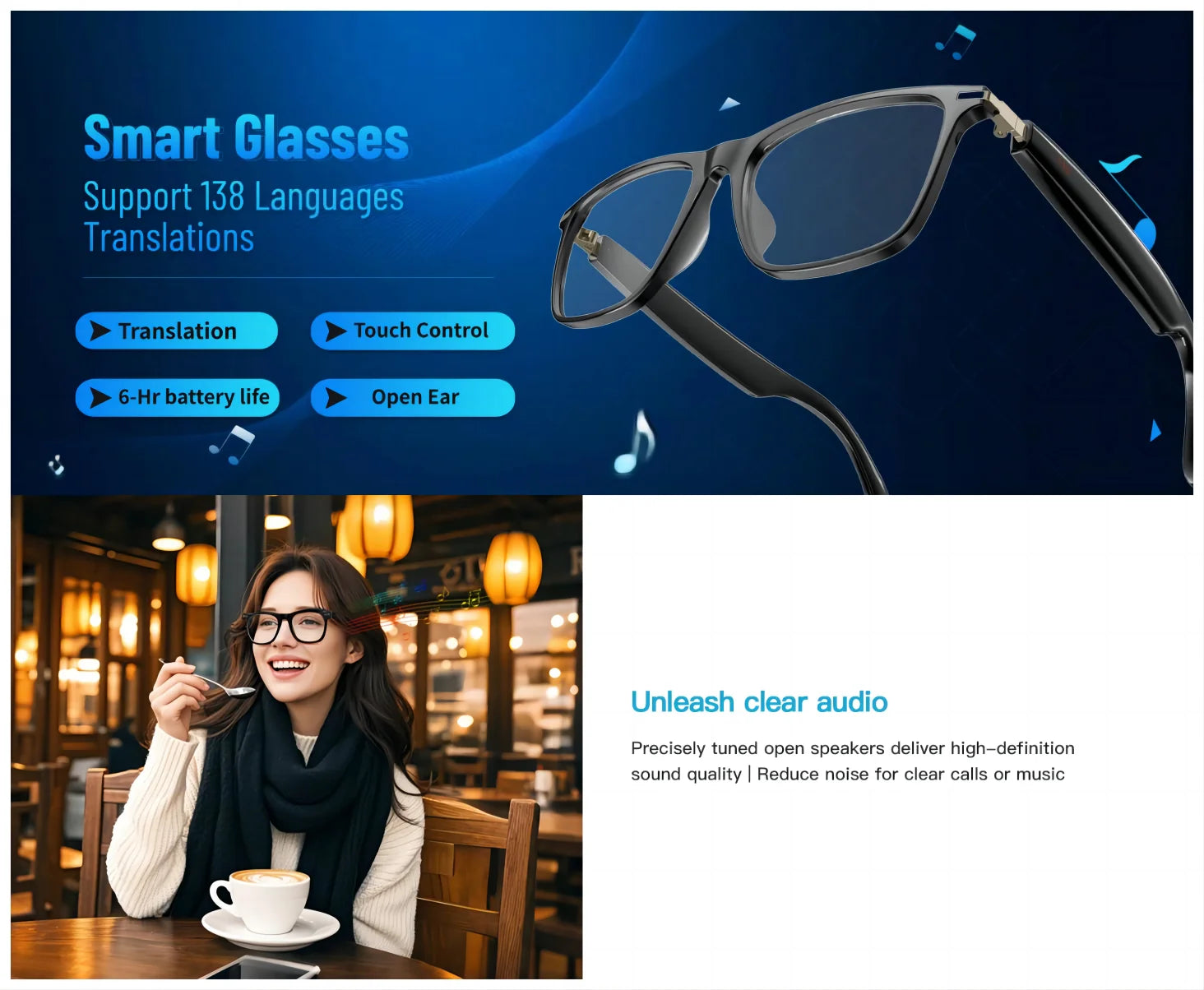 Smart glasses, app translation, color-changing lenses, high-definition voice calls, Hi-Fi music quality, open-ear audio glasses.