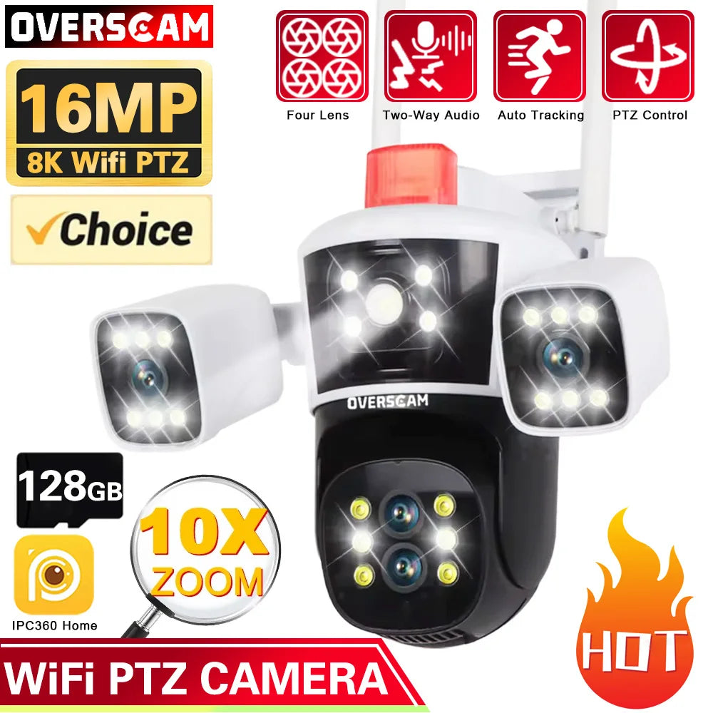 16mp 8K WIFI 10x Zoom Surveillance Outdoor Audio Floodlight Camera PTZ Four-Lens Three Screens Security 360°Monitor CCtv Network