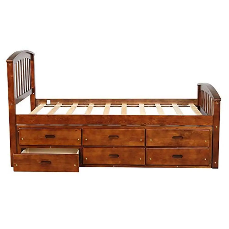 Twin Size Solid Wood Bed Platform with 6 Drawers Sturdy Perfect Kids Storage Solution Clothes Toys Books Easy Assembly Student