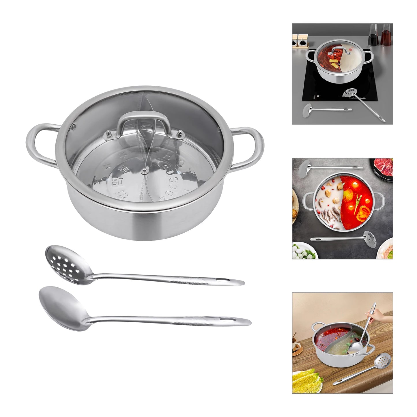 304 Stainless Steel Divided Hot Pot — 26cm, 2 Compartment with Lid