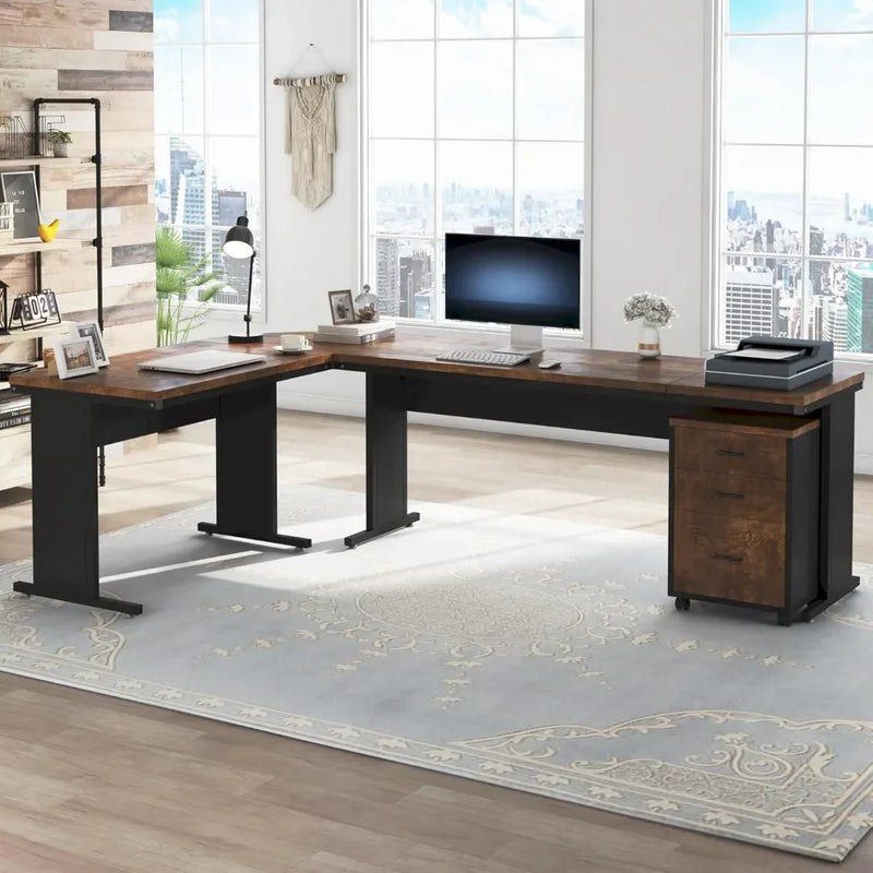 83" L-Shaped Executive Desk, Large Office Desk with 3-Drawer Mobile File Cabinet, Industrial Corner Computer Desk