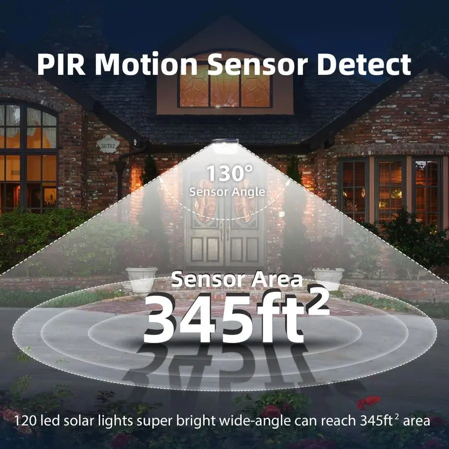 120 LED Outdoor Solar Lights with Motion Sensor and 3 Lighting Modes, IP65 Waterproof Wide Solar Wall Lights Ideal for Garden Pa