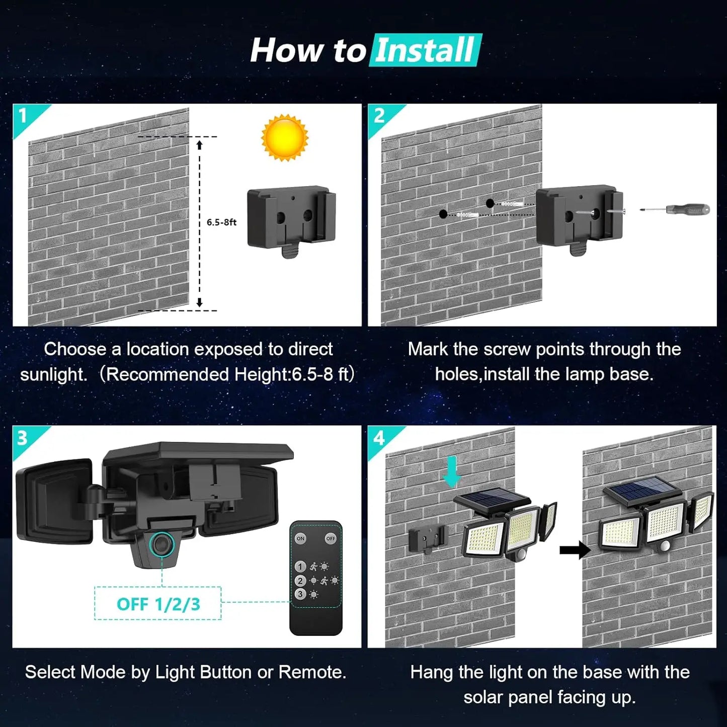 Solar Motion Sensor Security Light. 3- Head, 200+ LEDs, Waterproof