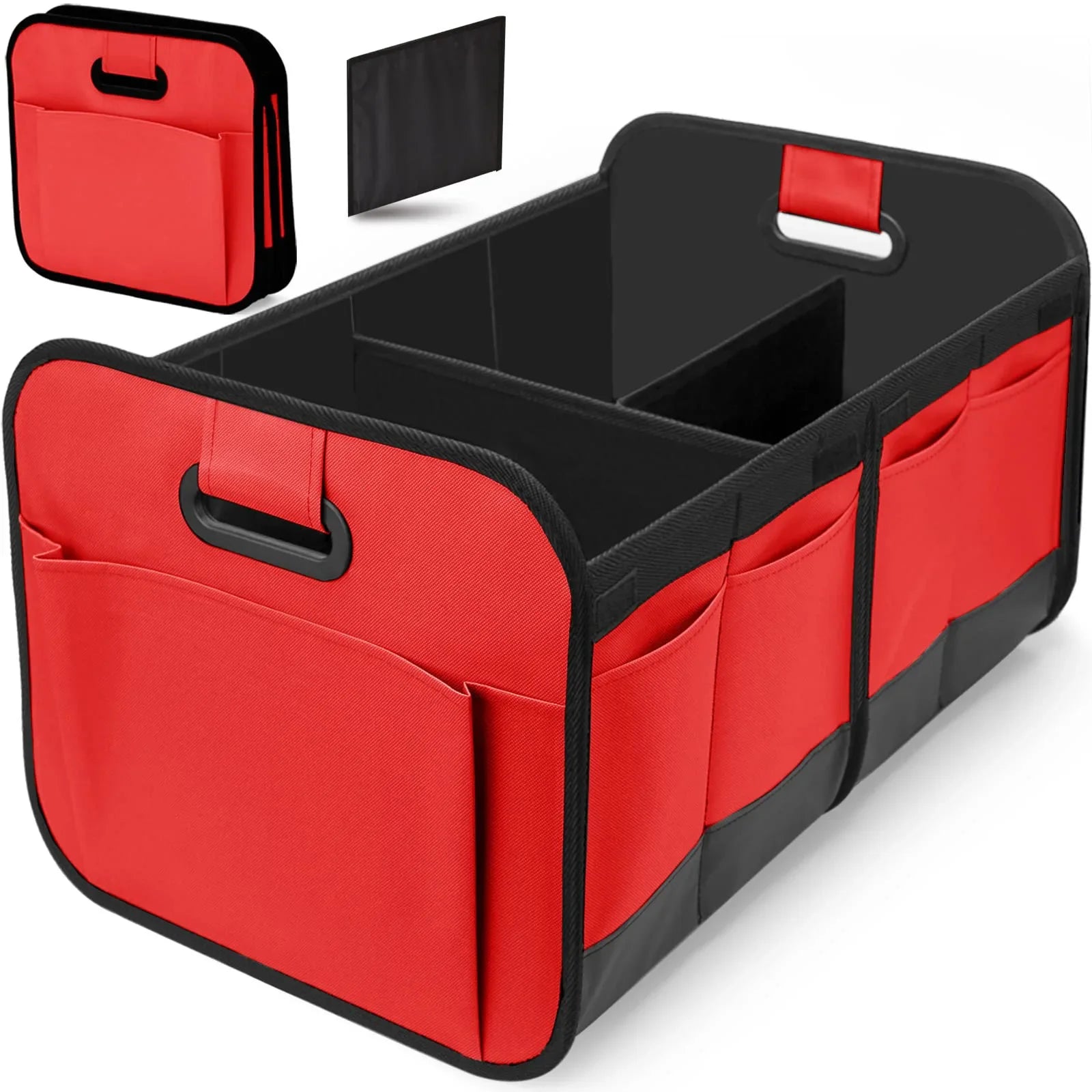 Car Storage Box to Organize Your Trunk & Say Goodbye to Mess in red with multiple compartments and pockets.