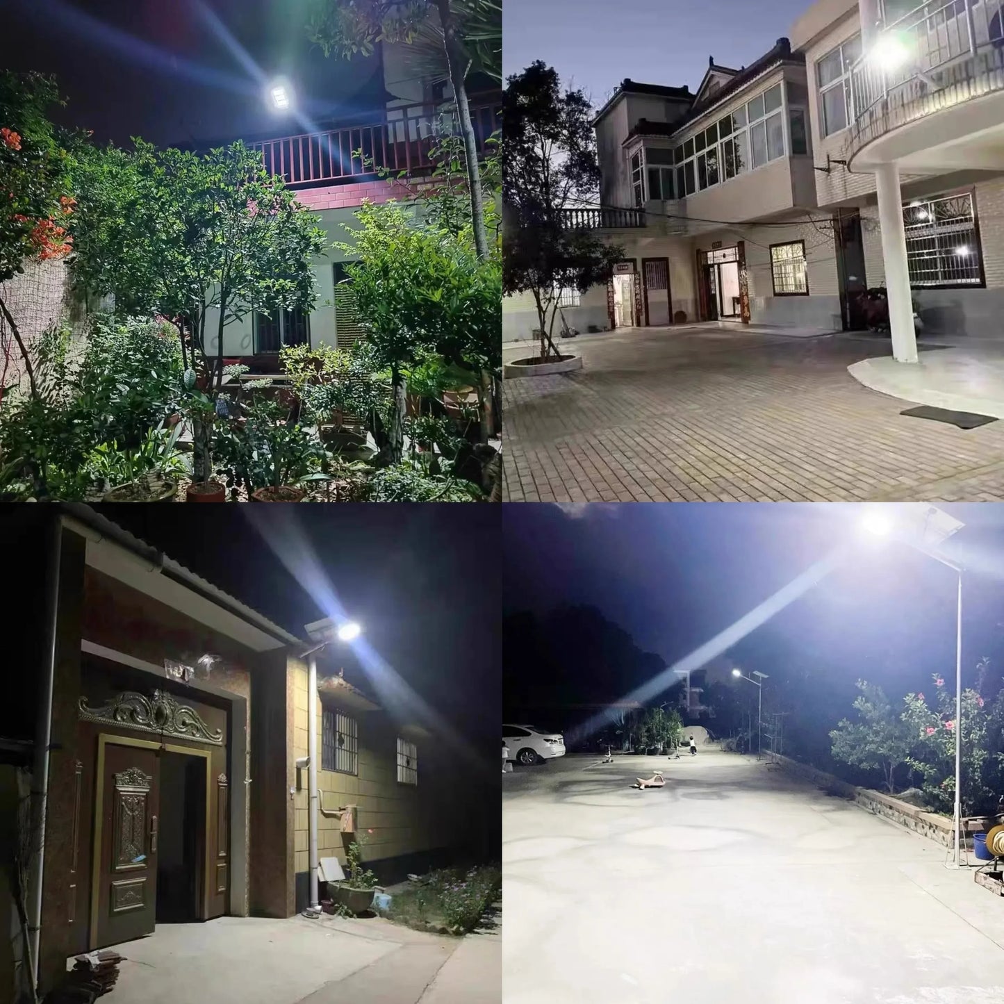 Powerful Solar Motion Light Outdoor Waterproof Garden Lamp illuminating various outdoor settings at night.