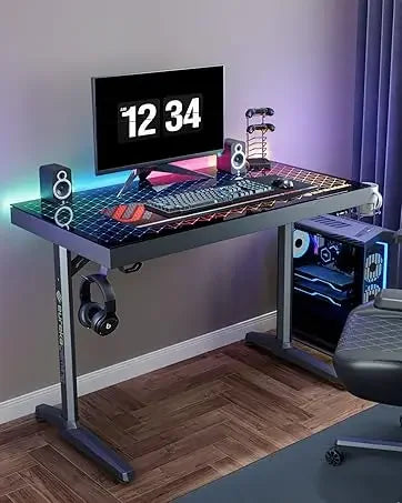 EUREKA ERGONOMIC RGB LED Gaming Desk, Music Sync Lights Up Tempered Glass Desktop, 43" GTG I43 Home Office Computer Table W Cont
