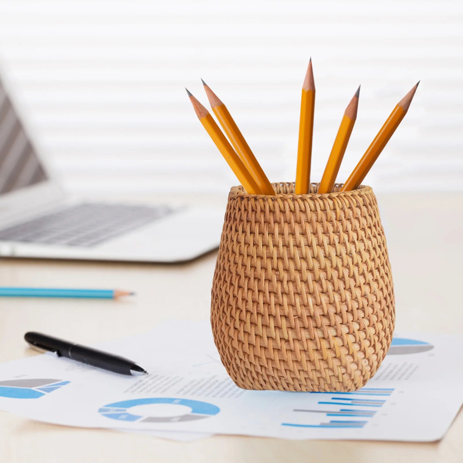 Handmade Pen Holder Hand Woven Wood Vine Rattan Stationery Container Storage Box Organizer Office School Desk Accessories Decor