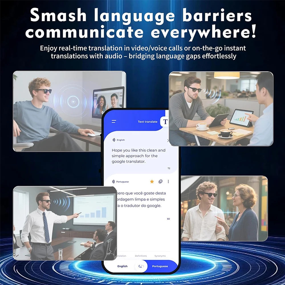 SENBONO AI Translator Smart Glasses With 8MP Camera Take Videos And Photo Sunglasses BT Call for Men Women 4K HD Fashion Glasses