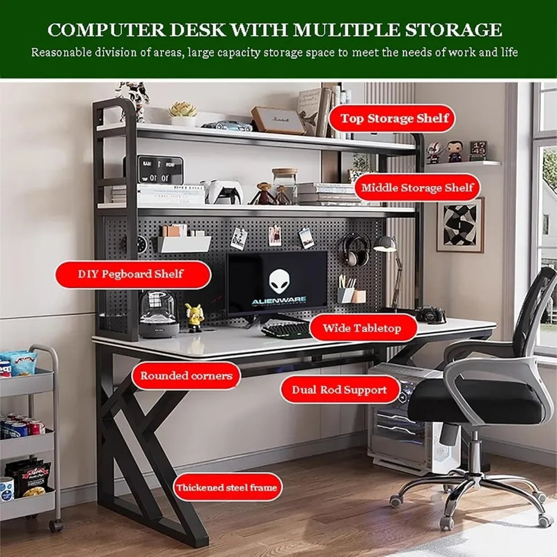 47" Industrial Computer Desk with Pegboard and Shelves