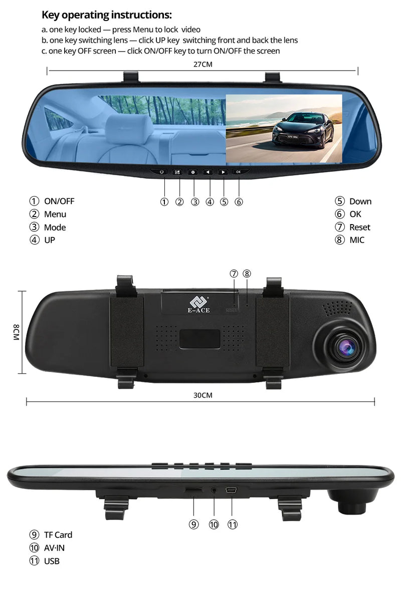 FHD 1080P Car DVR Dash Cam with Rearview Mirror Auto Reverse Image 170° Wide Angle Dual Lens Video Recorder Vehicle Supplies