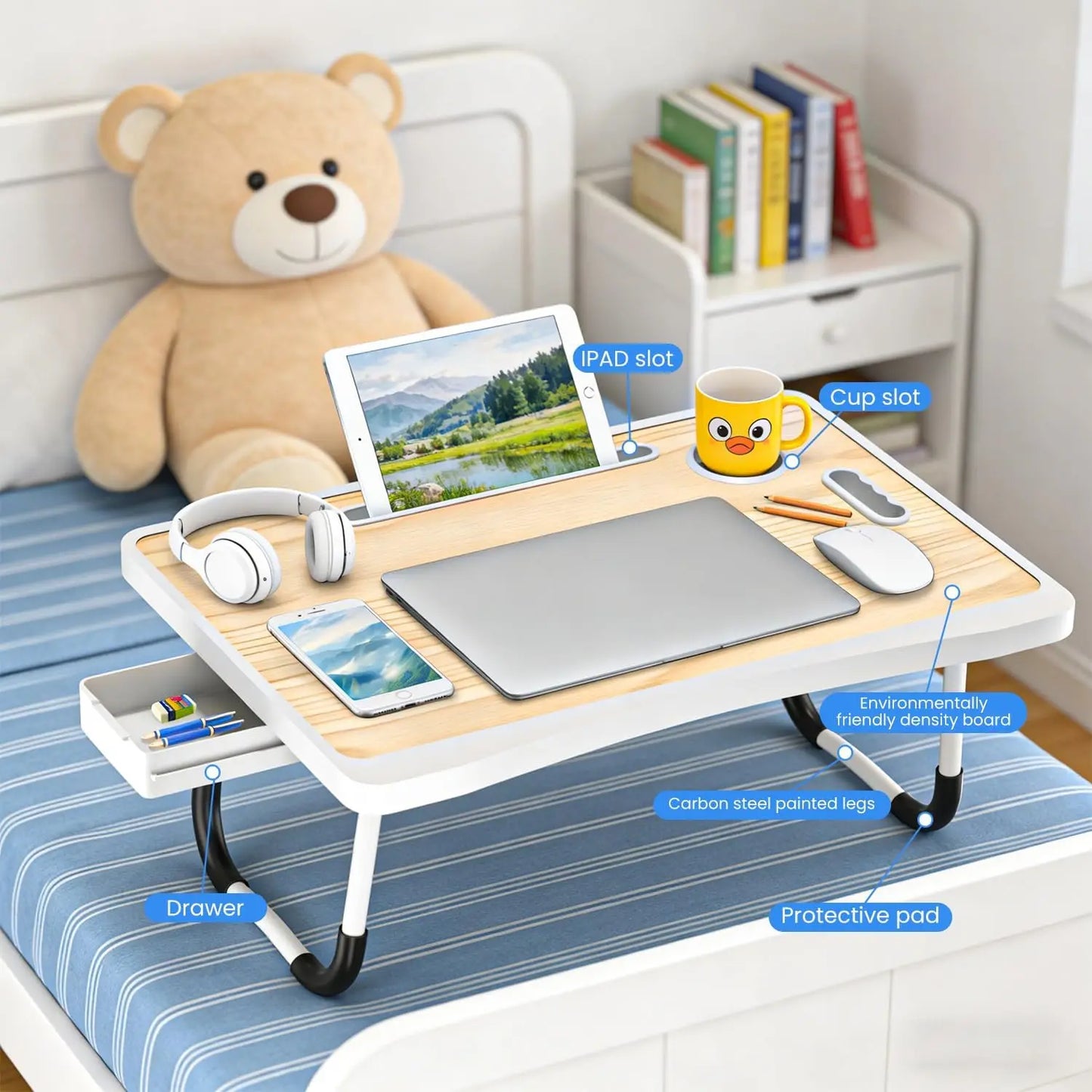Laptop Bed Table with Foldable Legs & Cup Holder — Portable Lap Desk