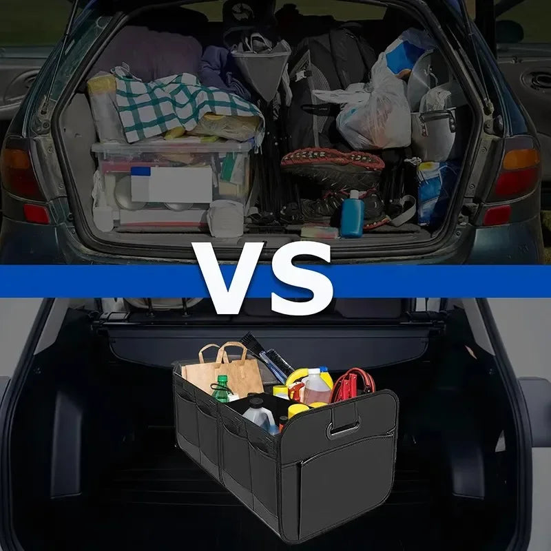 Car Storage Box to Organize Your Trunk & Say Goodbye to Mess visual comparison of cluttered trunk vs organized storage solution