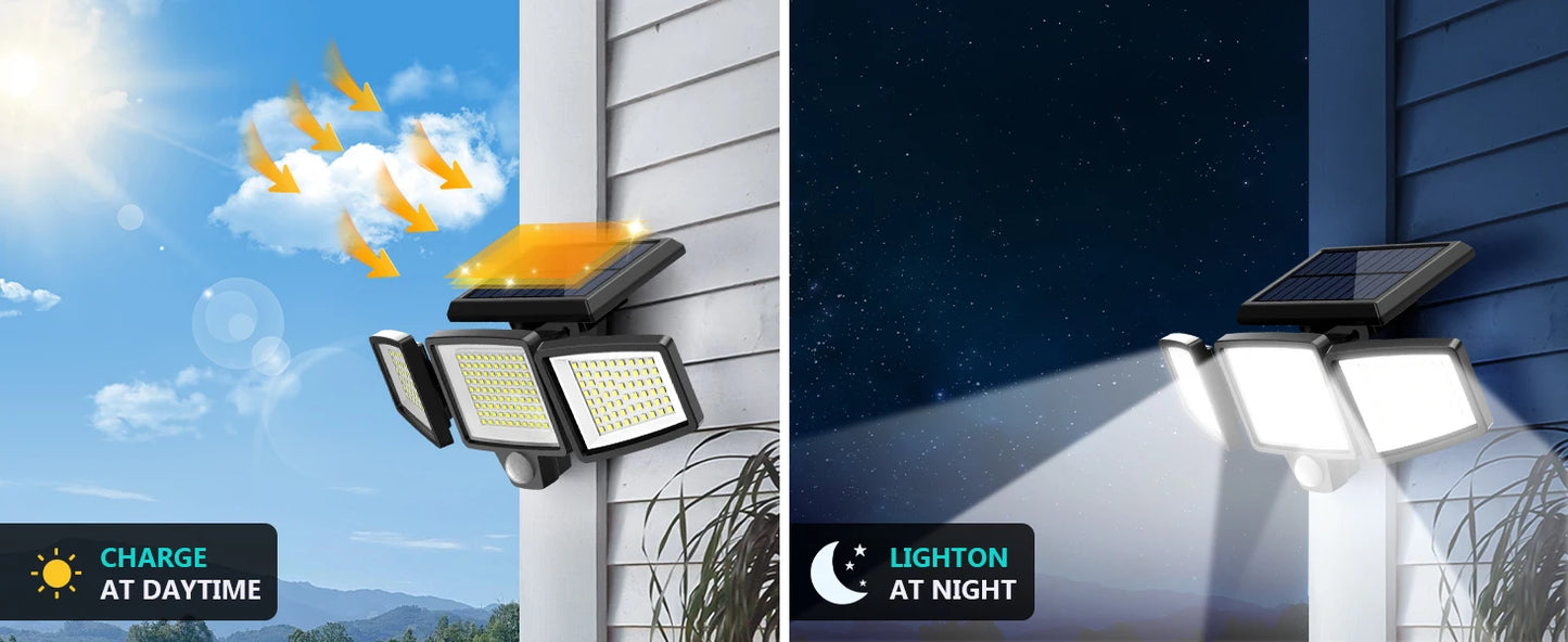 Solar Motion Sensor Security Light. 3- Head, 200+ LEDs, Waterproof