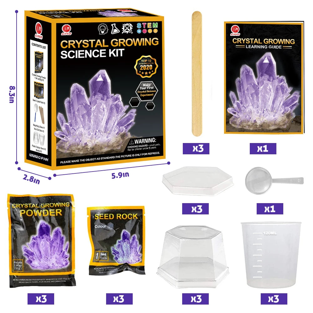 Crystal Growing Science Experimental Kit 3pcs with Display Cases - Easy DIY STEM Toy Lab Experiment Specimens, Educational Gift