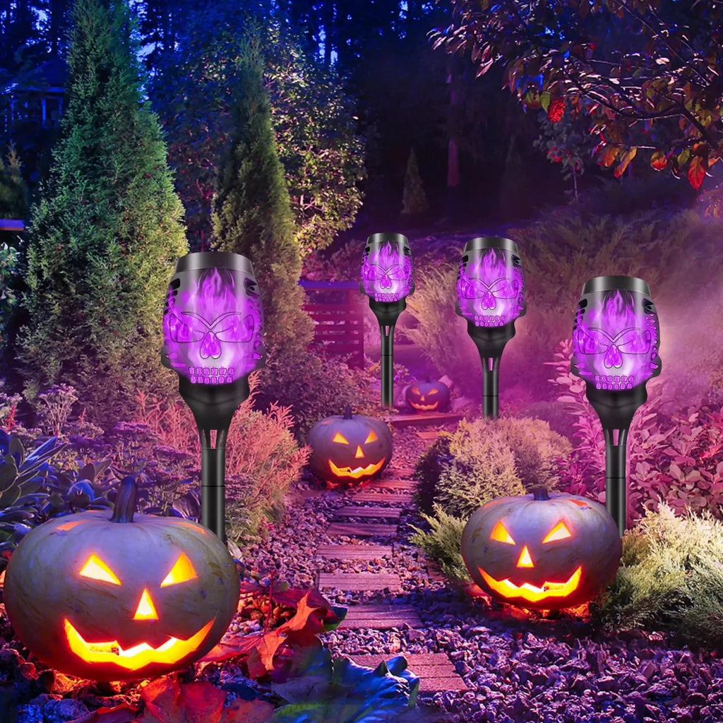 4pcs Skull-Shaped Solar-Powered Night Light Flame Torch