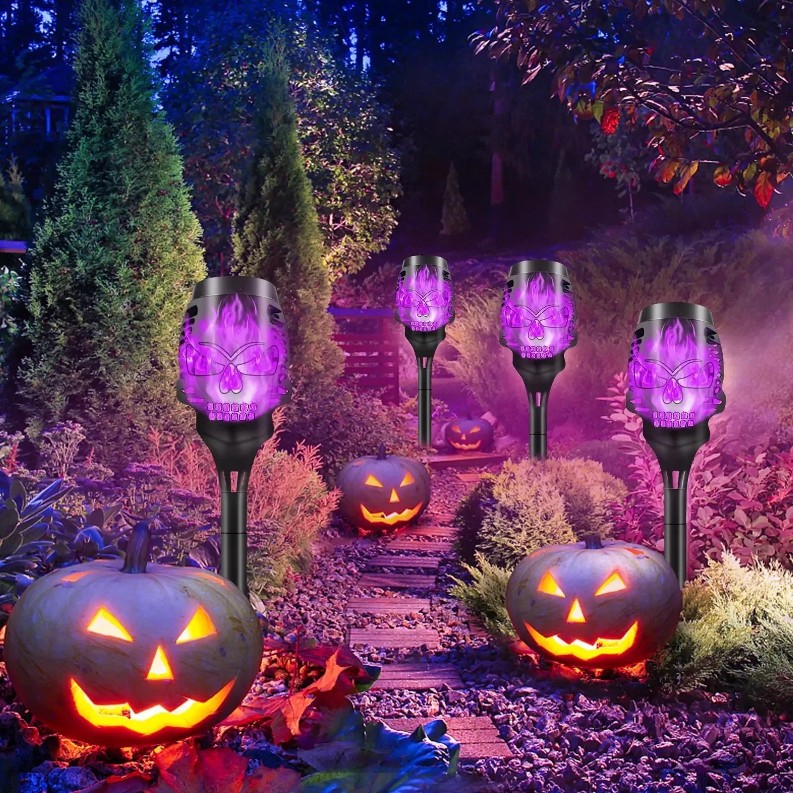 4pcs Skull-Shaped Solar-Powered Night Light Flame Torch