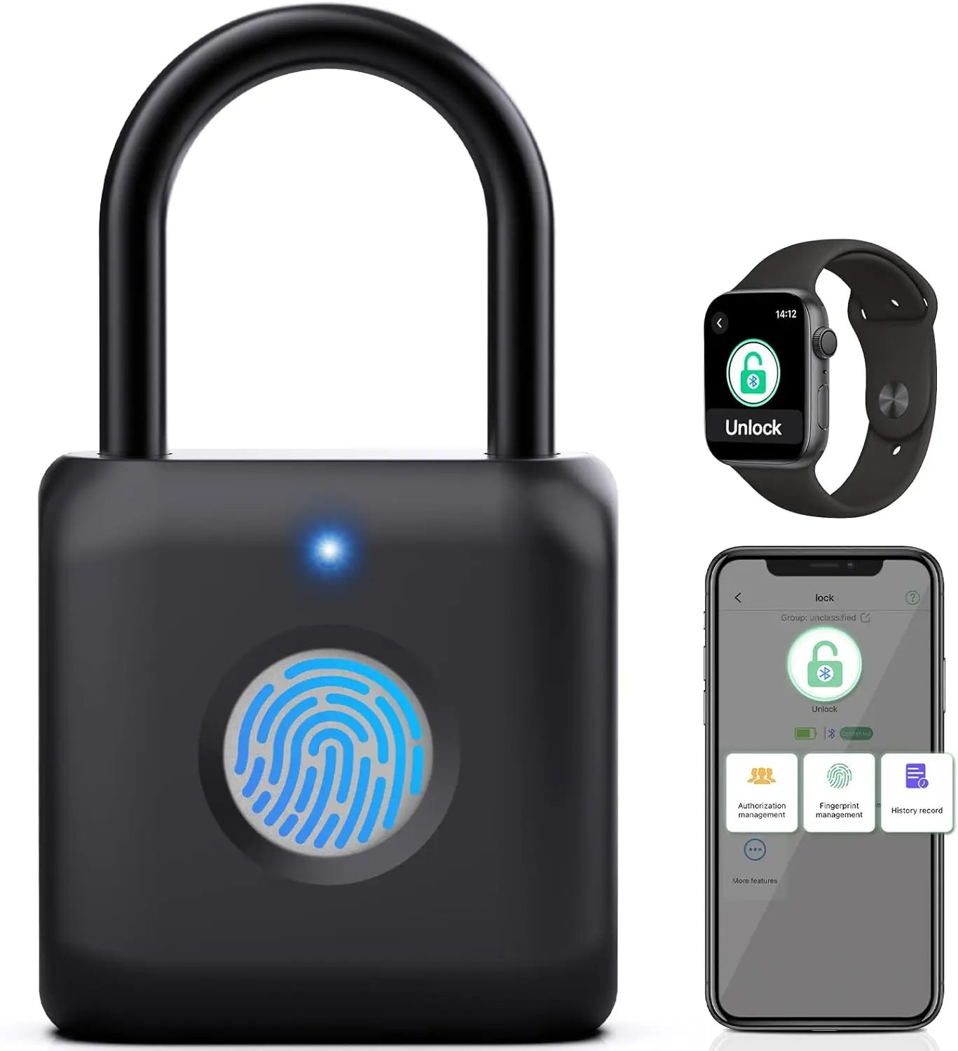 Smart Fingerprint Padlock — App Control, USB Rechargeable, Black
