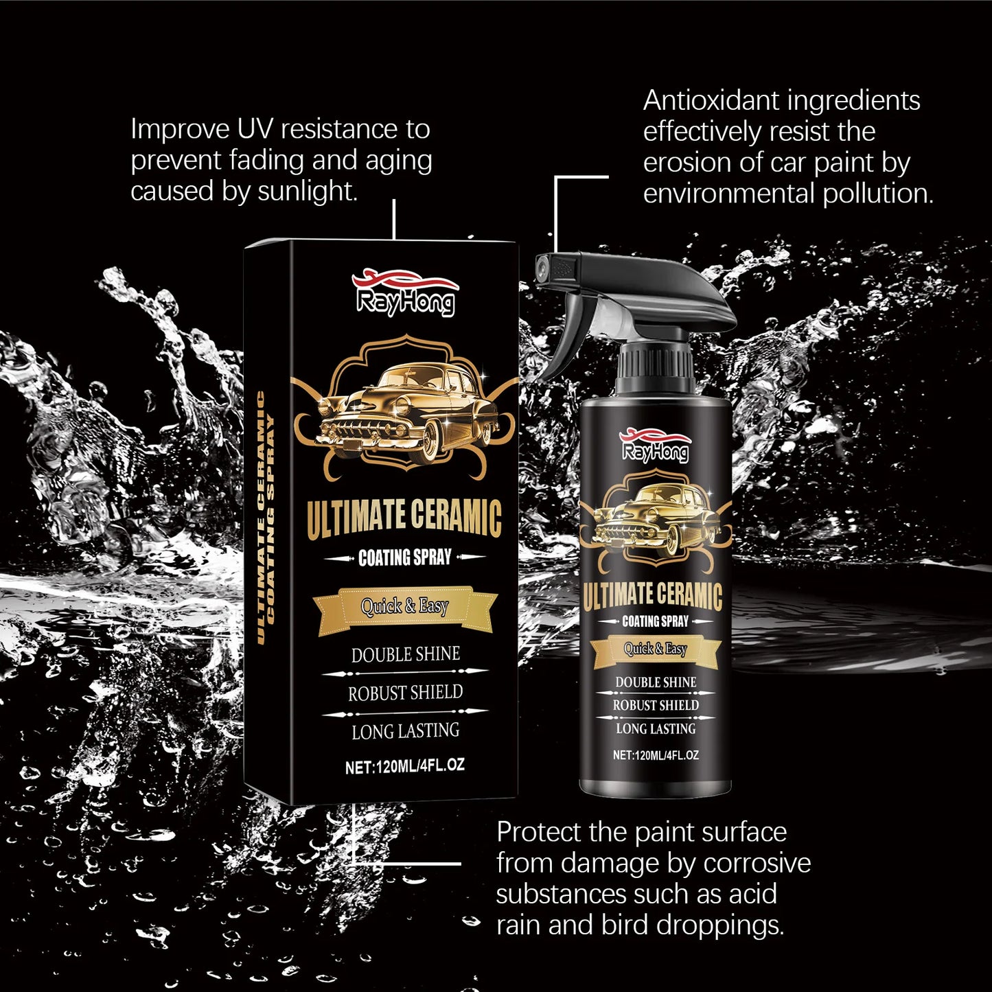 Ceramic Coating Spray for Vehicles, Fast-Apply Paint Protection with Gloss Boost and Anti-Soiling Finish