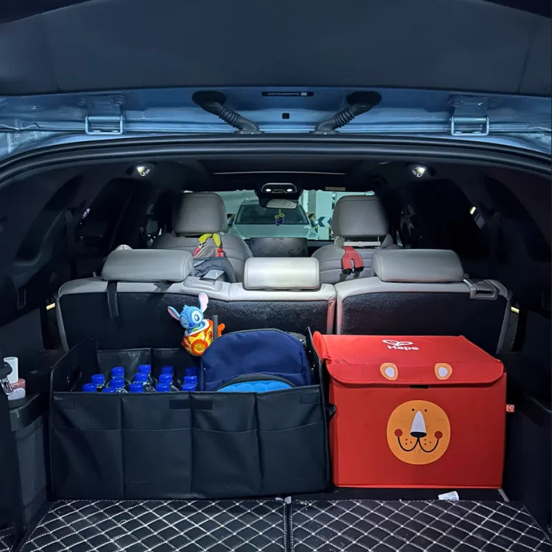 Car Storage Box to Organize Your Trunk & Say Goodbye to Mess, featuring a colorful storage box and items neatly organized in the trunk.