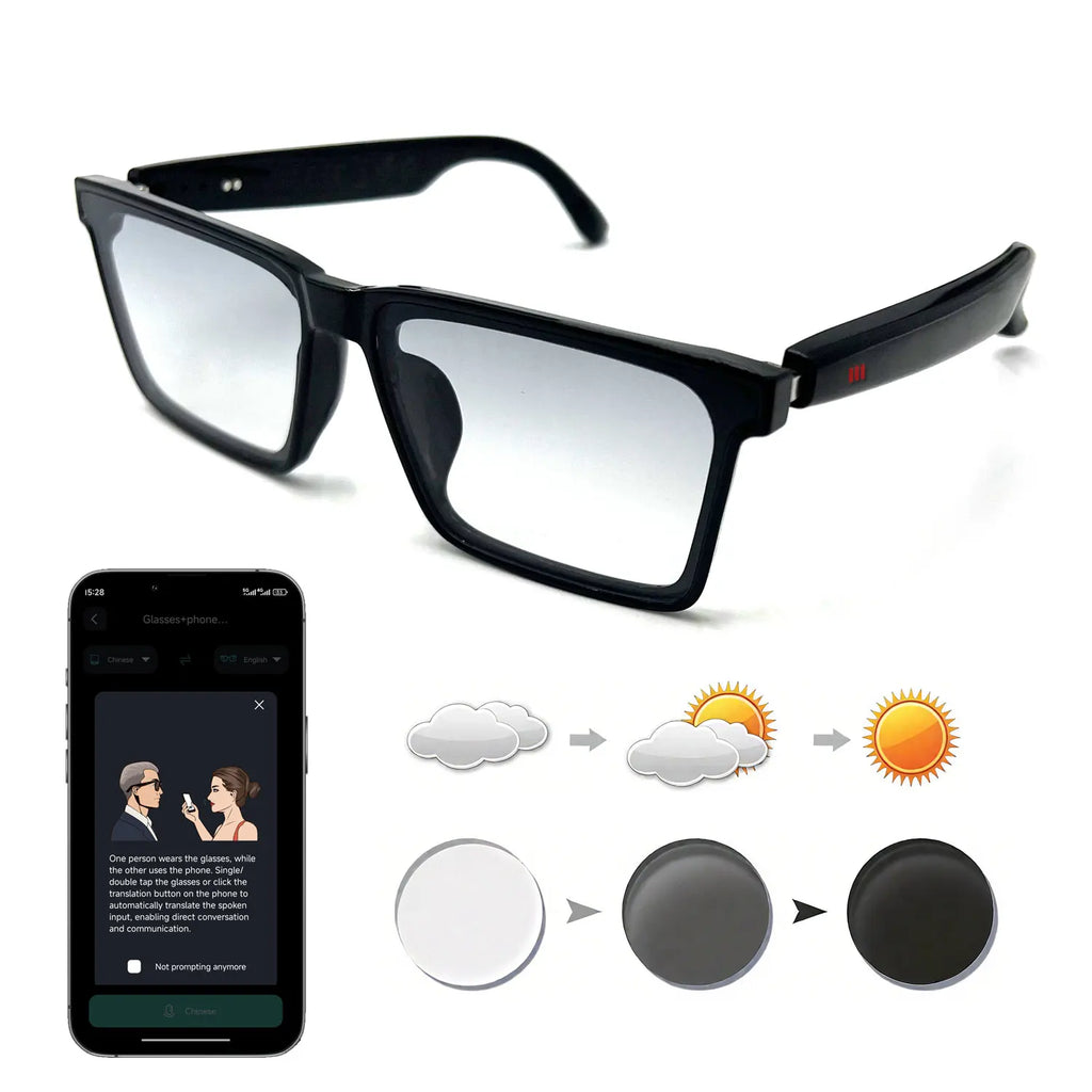 Smart glasses, app translation, color-changing lenses, high-definition voice calls, Hi-Fi music quality, open-ear audio glasses.