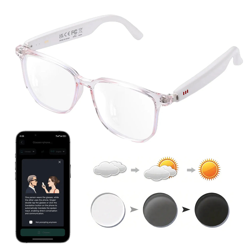 Smart glasses, app translation, color-changing lenses, high-definition voice calls, Hi-Fi music quality, open-ear audio glasses.