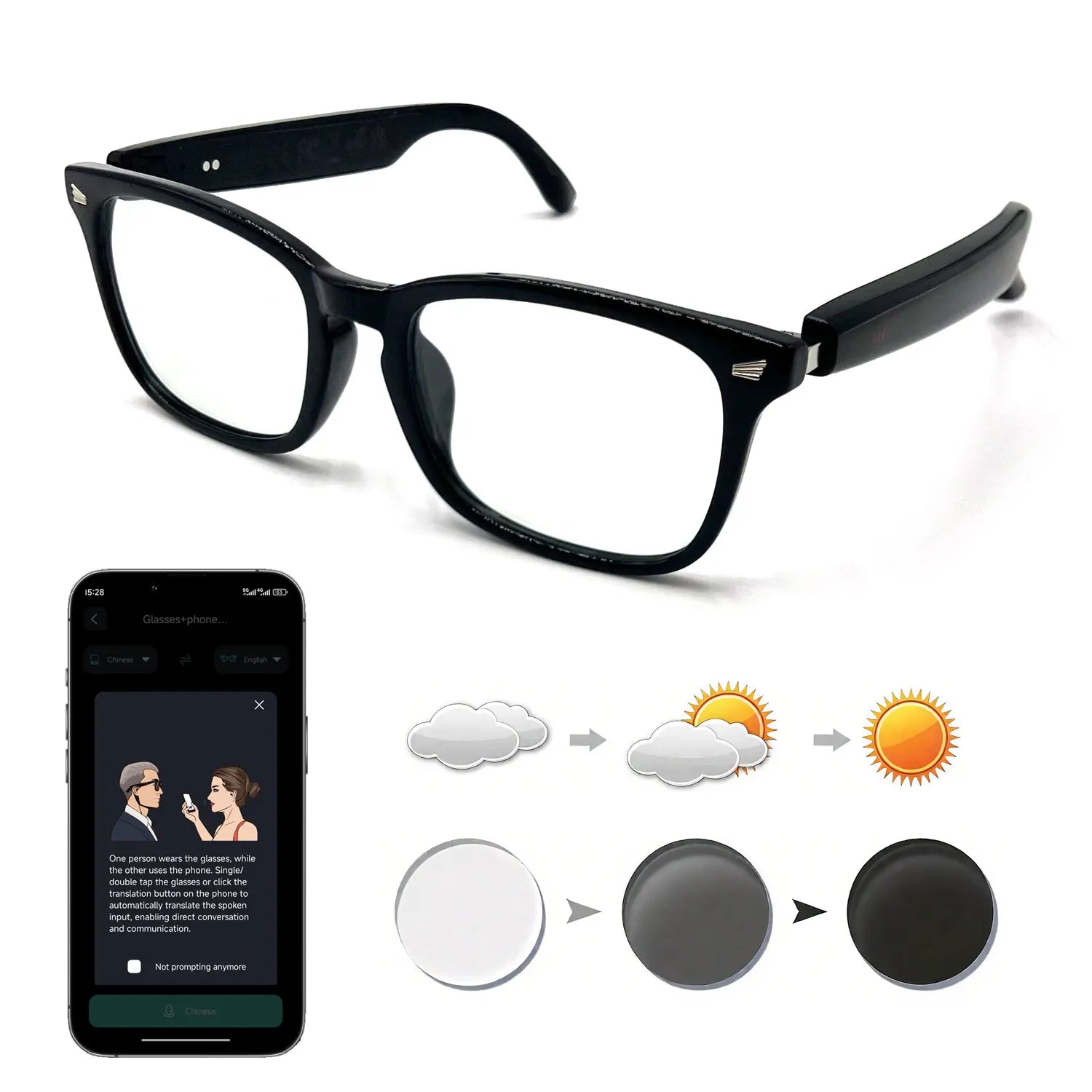 Smart glasses, app translation, color-changing lenses, high-definition voice calls, Hi-Fi music quality, open-ear audio glasses.