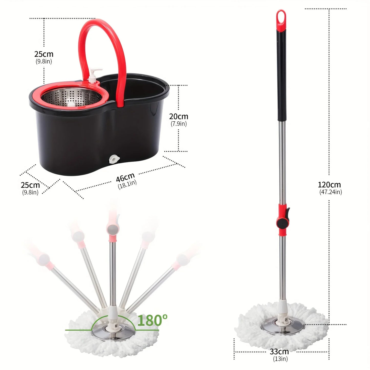 Heavy-Duty 360° Spin Mop & Bucket System — 3 Mop Heads, Steel Handle